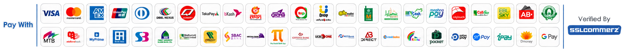 Accepted payment methods: Visa, Mastercard, American Express, DBBL Nexus, bKash, Nagad, Rocket and other Bangladeshi bank and mobile financial services — verified by SSLCommerz